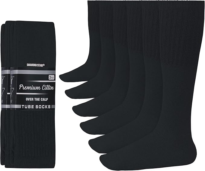 WOMEN'S COTTON TUBE SOCKS, REFEREE STYLE, SIZE 9-15 SOLID BLACK 6 PAIRS
