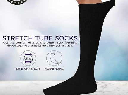 WOMEN'S COTTON TUBE SOCKS, REFEREE STYLE, SIZE 9-15 SOLID BLACK 6 PAIRS