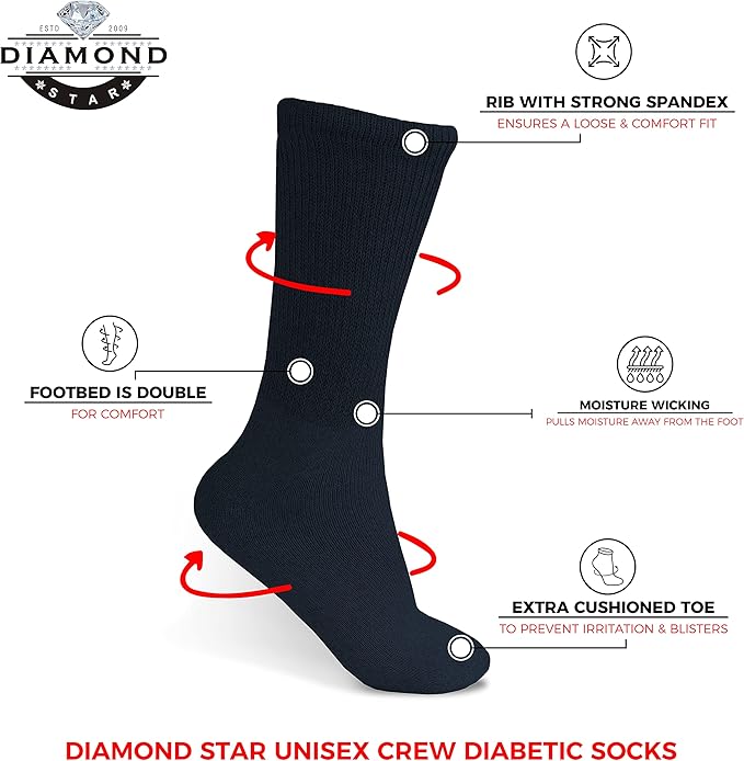 Diabetic Socks For Men Women Non-Binding Doctor Approved Diabetic Crew Socks Black 6 Pairs Size 13-15