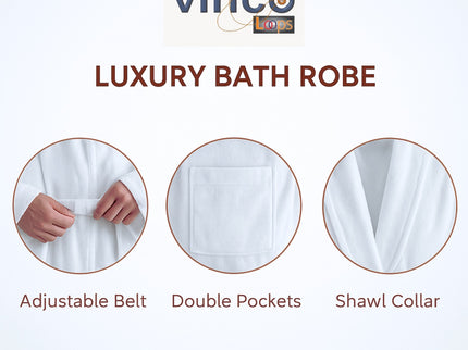 Velour Robes - Luxury Hotel BathRobe 100% Cotton Quality with Side Pockets & Waist-Tie Belt One Size Men & Women Spa Robe White (US, Alpha, One Size, Regular)