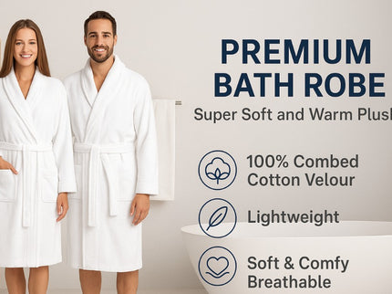 Velour Robes - Luxury Hotel BathRobe 100% Cotton Quality with Side Pockets & Waist-Tie Belt One Size Men & Women Spa Robe White (US, Alpha, One Size, Regular)