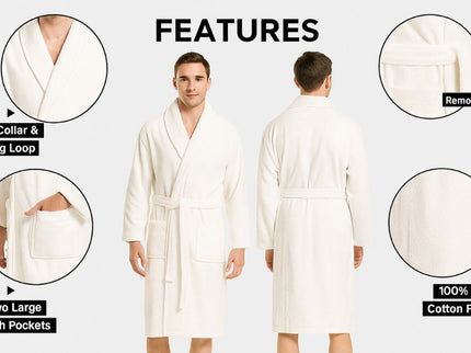 Velour Robes - Luxury Hotel BathRobe 100% Cotton Quality with Side Pockets & Waist-Tie Belt One Size Men & Women Spa Robe White (US, Alpha, One Size, Regular)