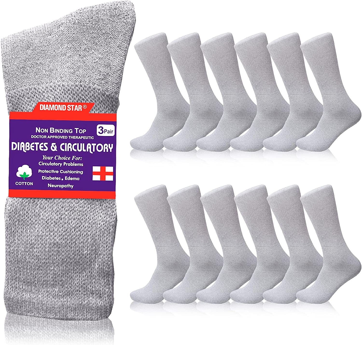 Diabetic Socks, Non-Binding Circulatory Cushion Cotton Crew Diabetic Socks for Men Big & Tall Extra Wide Top