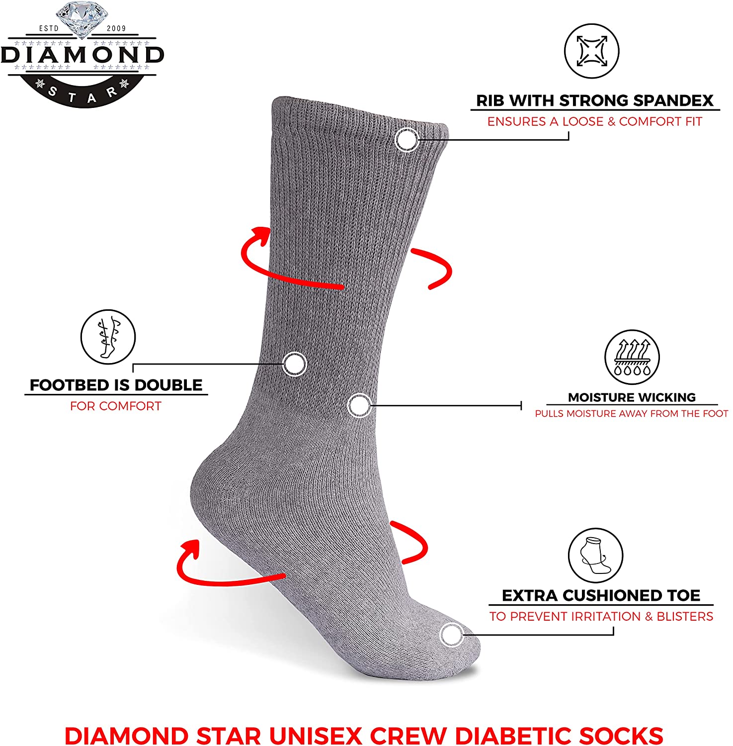 Diabetic Socks, Non-Binding Circulatory Cushion Cotton Crew Socks for Men Big & Tall Extra Wide Top Size 13-15