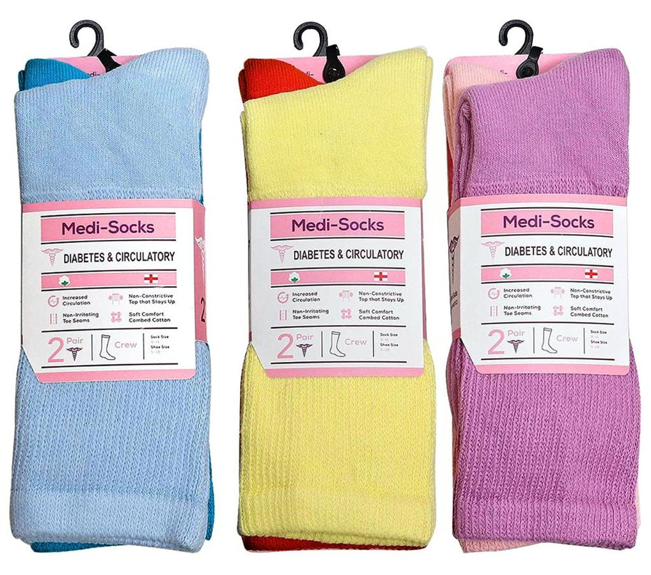Diabetic Socks Combed Cotton Women's Crew Socks Health Circulatory Physicians Approved Non Binding Top 6 Pack 9-11 Mixed Color