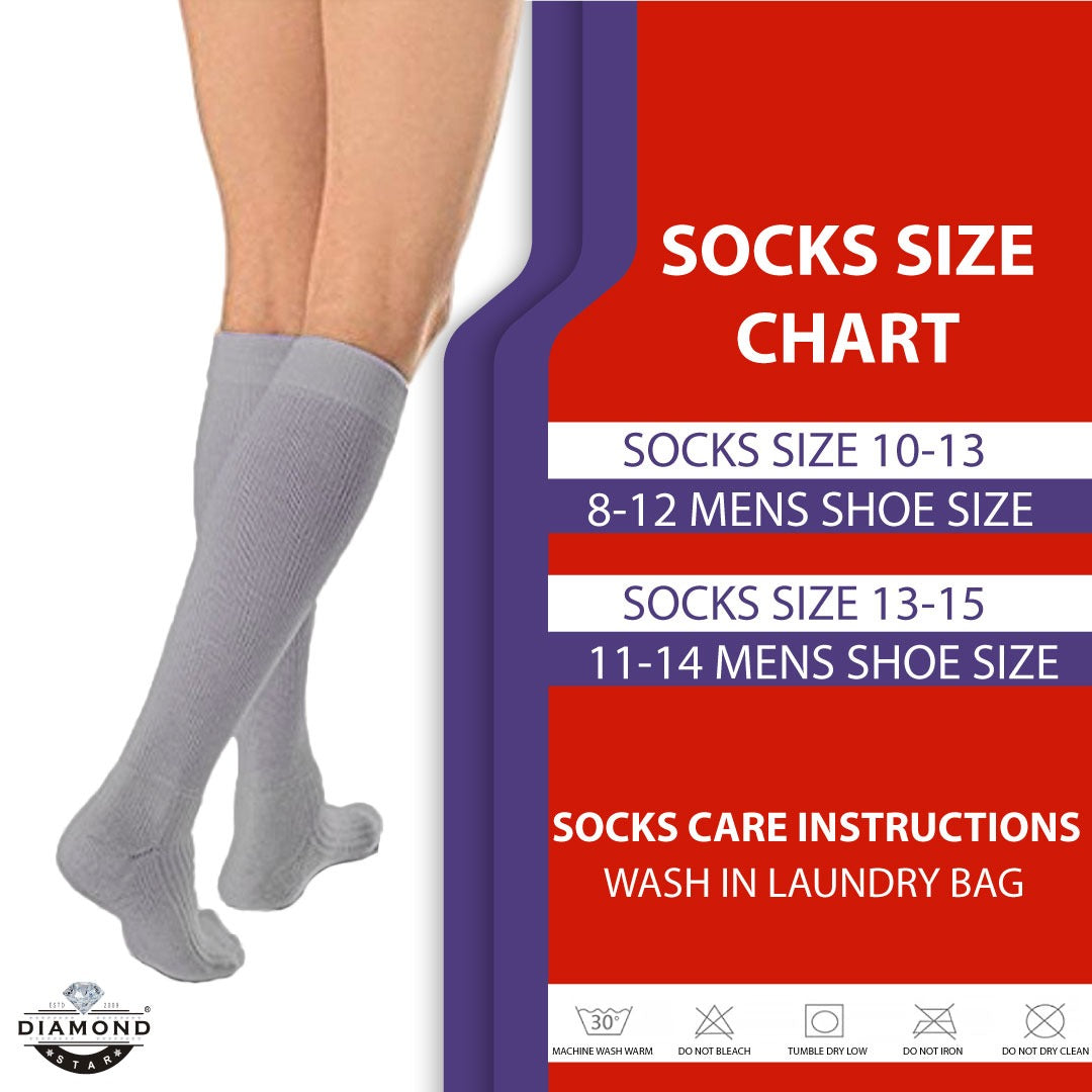 Diamond Star 6 Pairs of Diabetic Over The Calf - Knee High Cotton Socks (Black- 6 Pairs, Fit Men's Shoe Size 10-12)