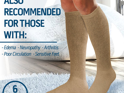 6 Pairs Diabetic Socks Over The Calf - Knee High Premium Cotton Socks Men's Size 10-13 Big & Tall Size 13-16