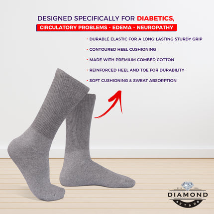 12 PAIRS MEN'S COTTON DIABETIC CREW SOCKS GREY KING SIZE 13-15