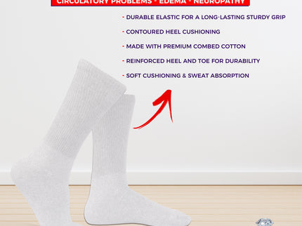 3-6-12 Pairs Diabetic Socks, Non-Binding Circulatory Cushion Cotton Crew Diabetic Socks for Men Women White Size 10-13