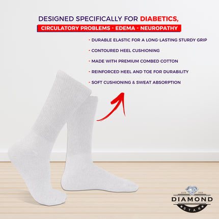 12 PAIRS MEN'S COTTON DIABETIC CREW SOCKS WHITE SIZE 10-13