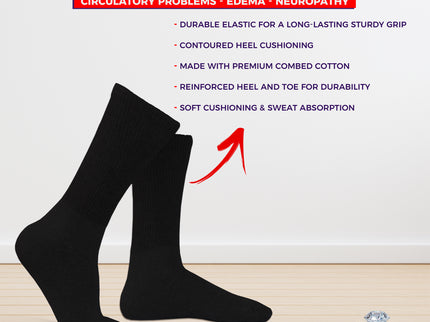 12 PAIRS MEN'S COTTON DIABETIC CREW SOCKS BLACK KING SIZE 13-15