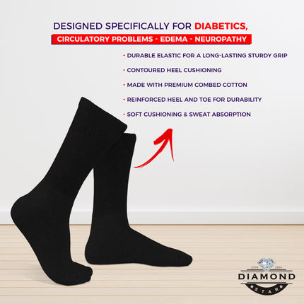 12 PAIRS MEN'S COTTON DIABETIC CREW SOCKS BLACK KING SIZE 13-15