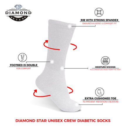 12 PAIRS MEN'S COTTON DIABETIC CREW SOCKS WHITE SIZE 10-13