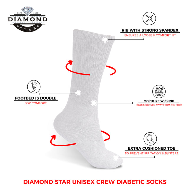 Diamond Star Diabetic Socks For Men Women Non-Binding Doctor Approved Diabetic Crew Socks White 12 Pairs Size 10-13