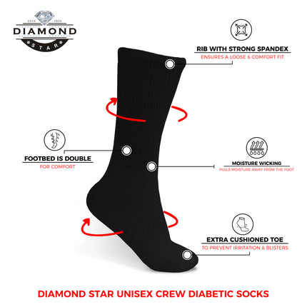 12 PAIRS MEN'S COTTON DIABETIC CREW SOCKS BLACK KING SIZE 13-15