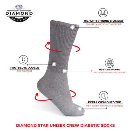 12 PAIRS MEN'S COTTON DIABETIC CREW SOCKS GREY SIZE 10-13