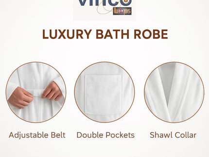 VINCO LOOPS 100% Cotton Terry Bathrobe for Women & Men, Spa & Hotel Quality Velour Robe with Shawl Collar, Unisex Terry Bathrobe, One Size – White
