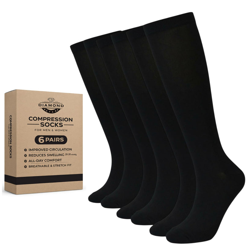 Diamond Star Graduated Compression Socks for Men & Women - Knee High Support for Running, Travel, Nurses (US, Alpha, One Size, Regular, Regular, 6 Pairs