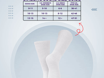 3-6-12 Pairs Diabetic Socks, Non-Binding Circulatory Cushion Cotton Crew Diabetic Socks for Men Women White Size 10-13
