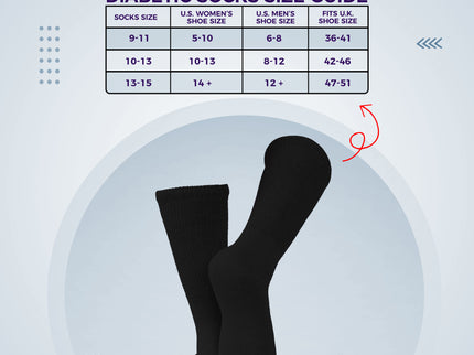 6 Pairs Black Diabetic Socks, Non-Binding Extra Wide Doctor Approved Cotton Socks for Men’s Women’s Big & Tall Size 13-15