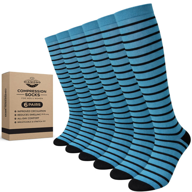 Diamond Star Graduated Compression Socks for Men & Women - Knee High Support for Running, Travel, Nurses (US, Alpha, One Size, Regular, Regular, 6 Pairs (Teal/Black))
