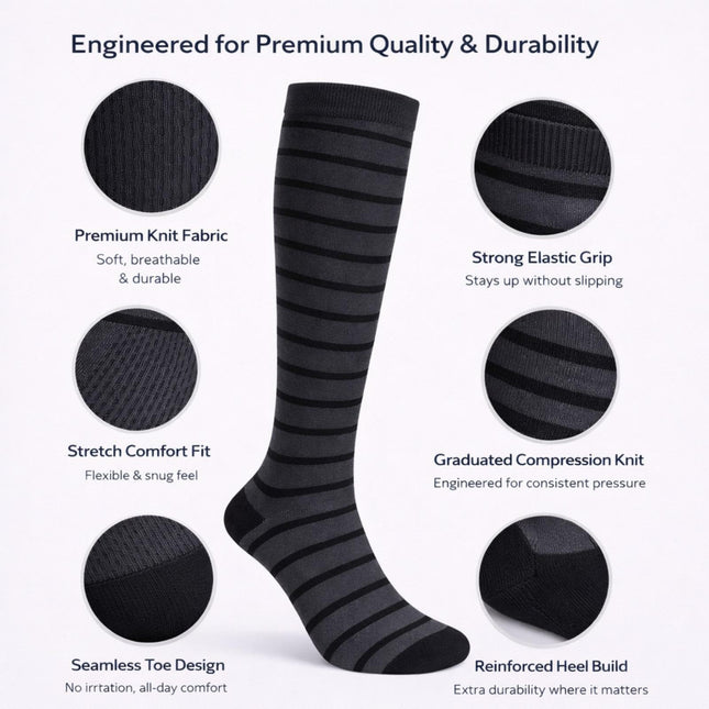Diamond Star Graduated Compression Socks for Men & Women - Knee High Support for Running, Travel, Nurses (US, Alpha, One Size, Regular, Regular, 6 Pairs (Charcoal/Black))