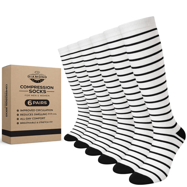 Diamond Star Graduated Compression Socks for Men & Women - Knee High Support for Running, Travel, Nurses (US, Alpha, One Size, Regular, Regular, 6 Pairs (White/Black))