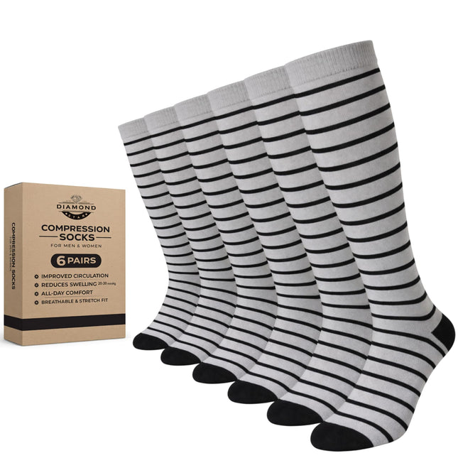 Diamond Star Graduated Compression Socks for Men & Women - Knee High Support for Running, Travel, Nurses (US, Alpha, One Size, Regular, Regular, 6 Pairs (Silver/Black))