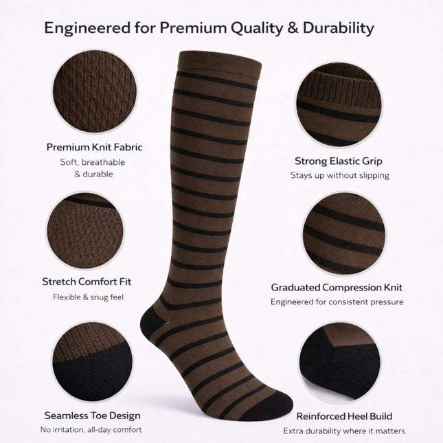 Diamond Star Graduated Compression Socks for Men & Women - Knee High Support for Running, Travel, Nurses (US, Alpha, One Size, Regular, Regular, 6 Pairs (Coffee/Black))