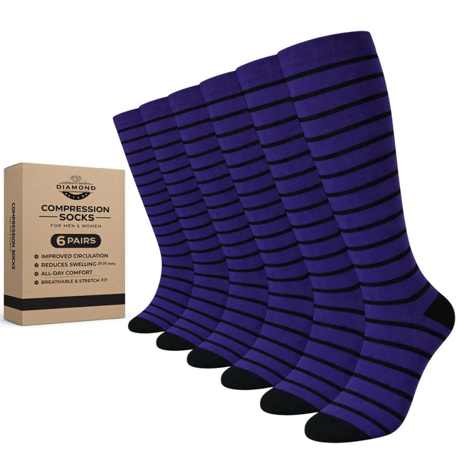Diamond Star Graduated Compression Socks for Men & Women - Knee High Support for Running, Travel, Nurses (US, Alpha, One Size, Regular, Regular, 6 Pairs (Purple/Black))