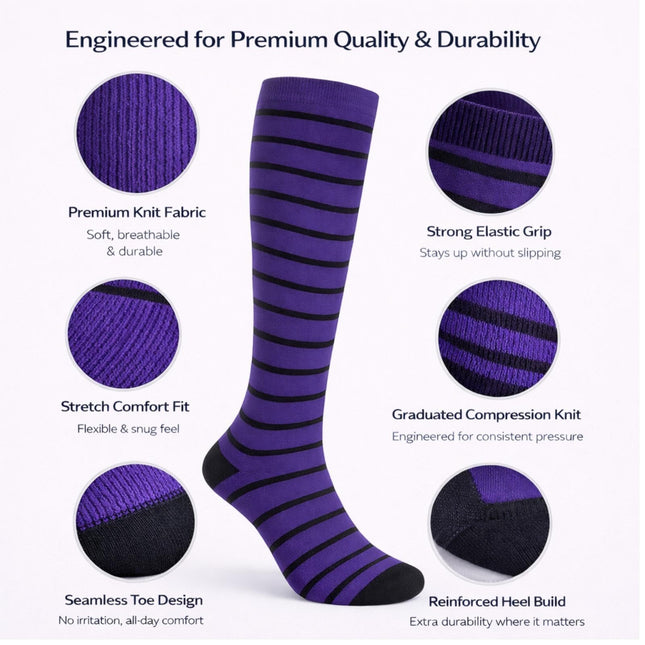 Diamond Star Graduated Compression Socks for Men & Women - Knee High Support for Running, Travel, Nurses (US, Alpha, One Size, Regular, Regular, 6 Pairs (Purple/Black))