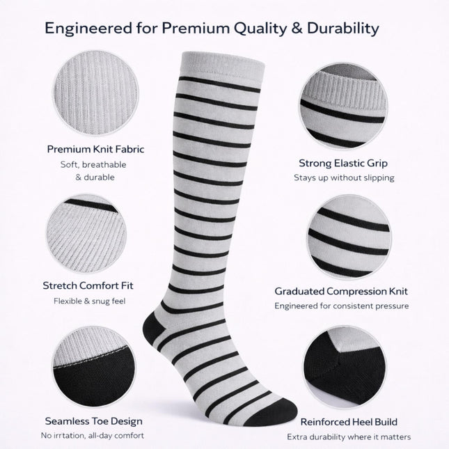 Diamond Star Graduated Compression Socks for Men & Women - Knee High Support for Running, Travel, Nurses (US, Alpha, One Size, Regular, Regular, 6 Pairs (Silver/Black))