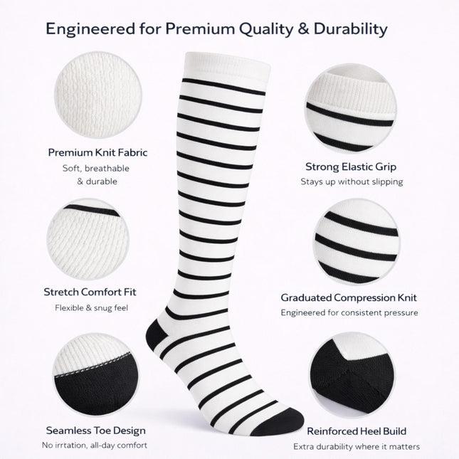 Diamond Star Graduated Compression Socks for Men & Women - Knee High Support for Running, Travel, Nurses (US, Alpha, One Size, Regular, Regular, 6 Pairs (White/Black))