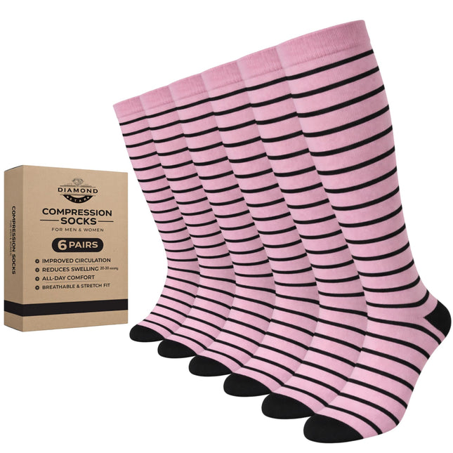 Diamond Star Graduated Compression Socks for Men & Women - Knee High Support for Running, Travel, Nurses (US, Alpha, One Size, Regular, Regular, 6 Pairs (Pink/Black))
