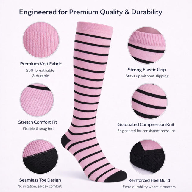 Diamond Star Graduated Compression Socks for Men & Women - Knee High Support for Running, Travel, Nurses (US, Alpha, One Size, Regular, Regular, 6 Pairs (Pink/Black))