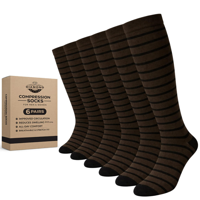 Diamond Star Graduated Compression Socks for Men & Women - Knee High Support for Running, Travel, Nurses (US, Alpha, One Size, Regular, Regular, 6 Pairs (Coffee/Black))