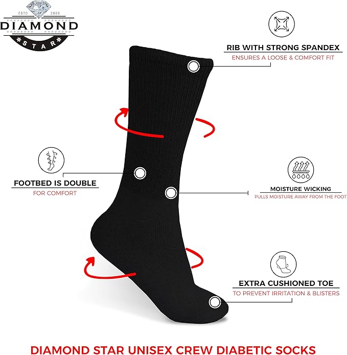 6 Pairs Black Diabetic Socks, Non-Binding Extra Wide Doctor Approved Cotton Socks for Men’s Women’s Big & Tall Size 13-15