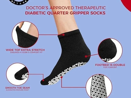 Men's Women's Non-Skid Diabetic Ankle Quarter Socks Non Binding Loose Fit Top.