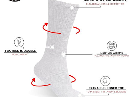 3-6-12 Pairs Diabetic Socks, Non-Binding Circulatory Cushion Cotton Crew Diabetic Socks for Men Women White Size 10-13