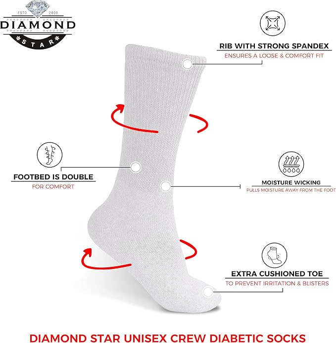 3-6-12 Pairs Diabetic Socks, Non-Binding Circulatory Cushion Cotton Crew Diabetic Socks for Men Women White Size 10-13