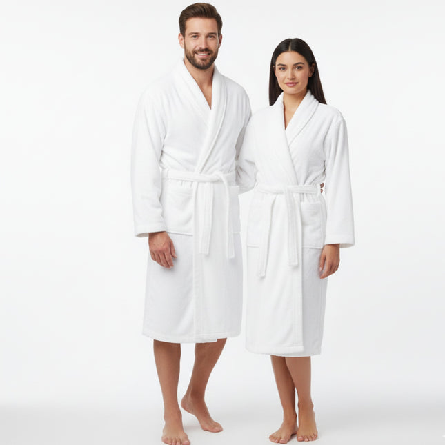 Velour Robes - Luxury Hotel BathRobe 100% Cotton Quality with Side Pockets & Waist-Tie Belt One Size Men & Women Spa Robe White (US, Alpha, One Size, Regular)