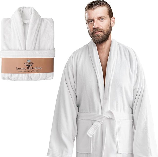 Velour Robes - Luxury Hotel BathRobe 100% Cotton Quality with Side Pockets & Waist-Tie Belt One Size Men & Women Spa Robe White (US, Alpha, One Size, Regular, Regular, White)