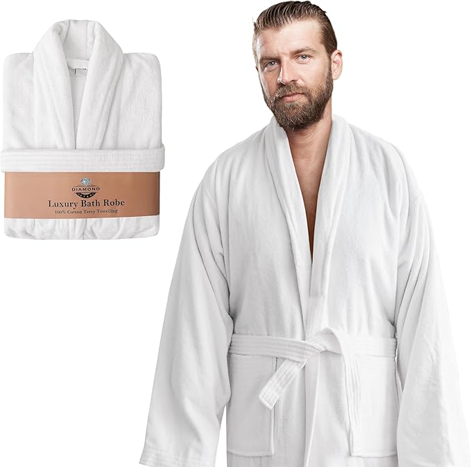Velour Robes - Luxury Hotel BathRobe 100% Cotton Quality with Side Pockets & Waist-Tie Belt One Size Men & Women Spa Robe White (US, Alpha, One Size, Regular, Regular, White)