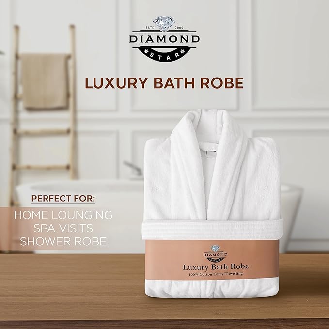 Velour Robes - Luxury Hotel BathRobe 100% Cotton Quality with Side Pockets & Waist-Tie Belt One Size Men & Women Spa Robe White (US, Alpha, One Size, Regular, Regular, White)