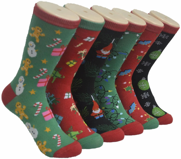 Diamond Star Women's Christmas Crew Socks Bright Colorful Fancy Design 6 Pairs Size 9-11 Assorted Color