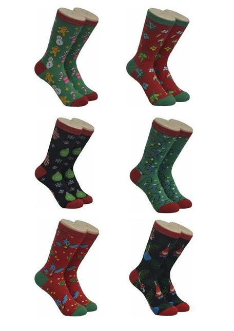 Diamond Star Women's Christmas Crew Socks Bright Colorful Fancy Design 6 Pairs Size 9-11 Assorted Color