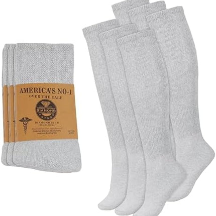 6 Pairs Diabetic Socks Over The Calf - Knee High Premium Cotton Socks Men's Size 10-13 Big & Tall Size 13-16