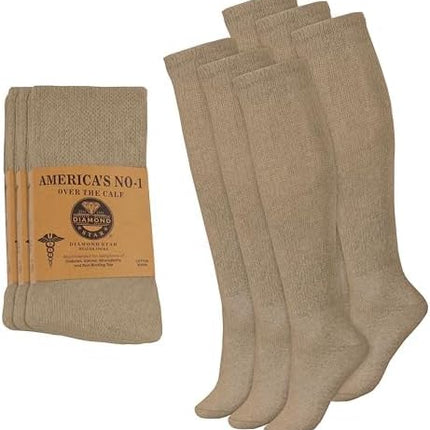 6 Pairs Diabetic Socks Over The Calf - Knee High Premium Cotton Socks Men's Size 10-13 Big & Tall Size 13-16