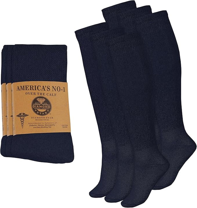 6 Pairs Diabetic Socks Over The Calf - Knee High Premium Cotton Socks Men's Size 10-13 Big & Tall Size 13-16