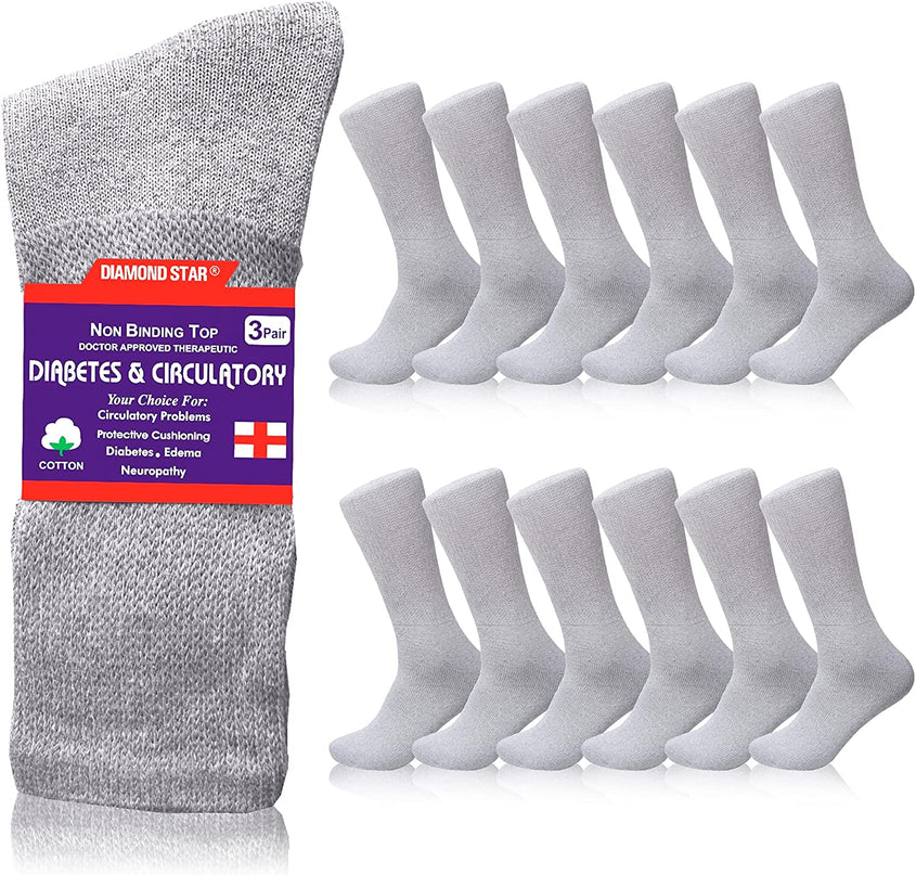 Diamond Star 12 Pack Diabetic Socks, Non-Binding Extra Wide Doctor Approved Cotton Socks for Men’s Women’s Big & Tall Size 13-15